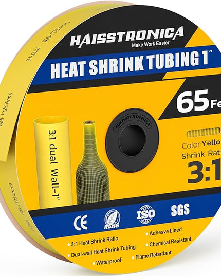 haisstronica 3:1 Heat Shrink Tubing, Shrink Ratio Adhesive Lined Marine Grade Heat Shrink Tube for Home, Automotive and Industrial (Yellow) 65FT 1inch