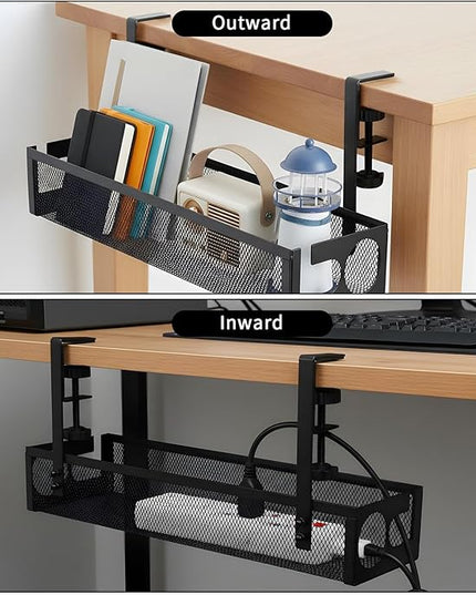 2 Pack Under Desk Cable Management Tray, 15 Inch No Drill Metal Mesh Organizer with Hybrid Side Slots, Wire Holder Storage Rack for Office Home Desk