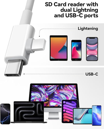 SD Card Reader for iPhone, SD Card Adapter with Lightening & USB C Dual Connectors Plug&Play Supports microSD, SD and USB-A OTG, Portable Trail Camera Memory Reader for iPhone Mac MacBook iPad