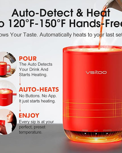 Vsitoo S3 Plus 14oz Heated Coffee Mug - Temperature Control Smart Mug with Mug Warmer, Auto-Sensing AI Heats Drinks to 120-150°F Hands-Free.Ideal for Home/Office/Gifts，Red