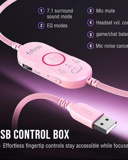 FIFINE Wired RGB Gaming Headset, PC Over-Ear Streaming Headset with USB, 7.1 Surround Sound, Noise-Cancelling Mic, Soft Ear Pads, 4 EQ Modes for PC, Laptop, Mac, PS4, PS5 - AmpliGame H13P (Pink)