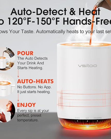 Vsitoo S3 Plus 14oz Heated Coffee Mug - Temperature Control Smart Mug with Mug Warmer, Auto-Sensing AI Heats Drinks to 120-150°F Hands-Free.Ideal for Home/Office/Gifts，White