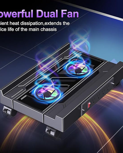 Computer Tower Stand with Charging Station, Cooler Fan and Light, Adjustable PC Stand for Floor, Mobile CPU Stand with 4 Caster Wheels, Under Desk CPU Holder Fits Most PC Tower
