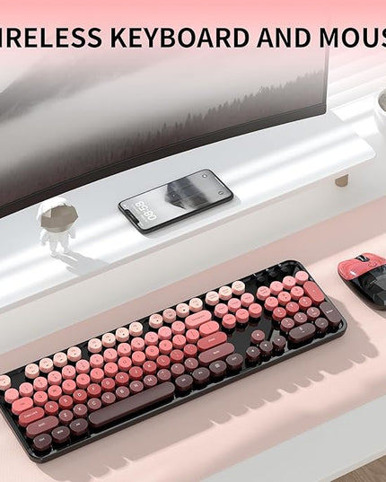 Wireless Keyboard and Mouse, 104 Round Keycaps Retro Typewriter with OTG & Brush, Full-Size Ergonomic, Ideal for Windows PC, Home, Office and College Black Pink