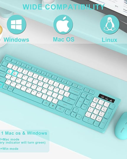 Wireless Keyboard and Mouse Combo, Full-Sized Quiet Wireless Keyboard and Adjustable DPI Mouse, 2.4GHz USB Receiver, Keyboard and Mouse for PC, Windows, Desktop, Laptop (Tiffany Blue and White-B)