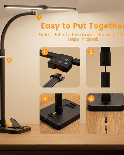 LED Desk Lamp with Base - Bright Dimmable Computer Lamp with Phone Holder, 24W Bendable Desk Light for Monitor Screen, Eye-Caring Tall Desktop Light for Task Home Office Work, Black, Dual Head