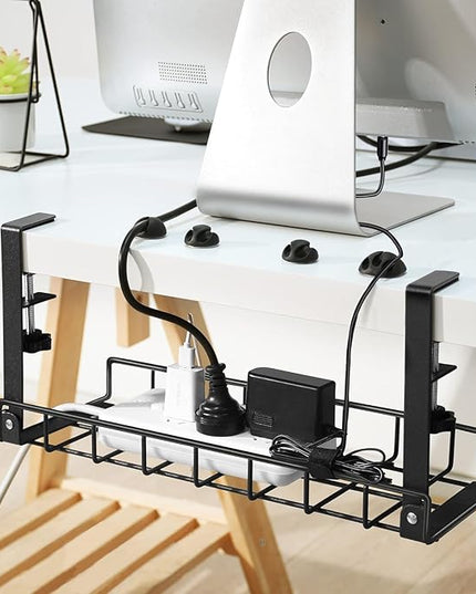 Under Desk Cable Management Tray, Xpatee Upgraded Wire Management No Drill No Screws, Cable Tray with Clamp for Wire Organizers, Computer Cord Rack for Office, Home - No Damage to Desk Black