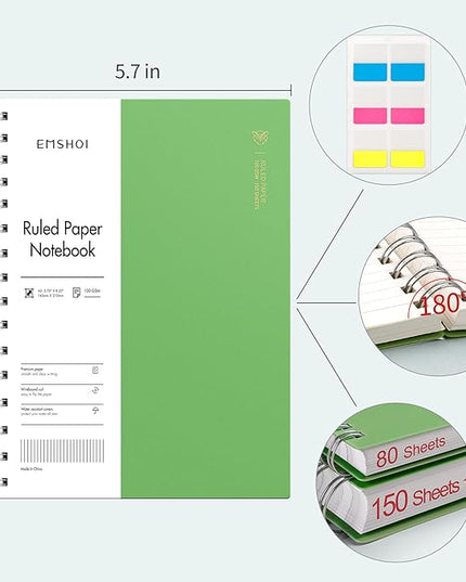 EMSHOI A5 Spiral Notebook College Ruled Lined Journal, Small 5.7" X 8.22", 300 Pages/150 Sheets, 100gsm Thick Paper, Waterproof Hardcover, for Office School Women Men Work Writing Notes-Green