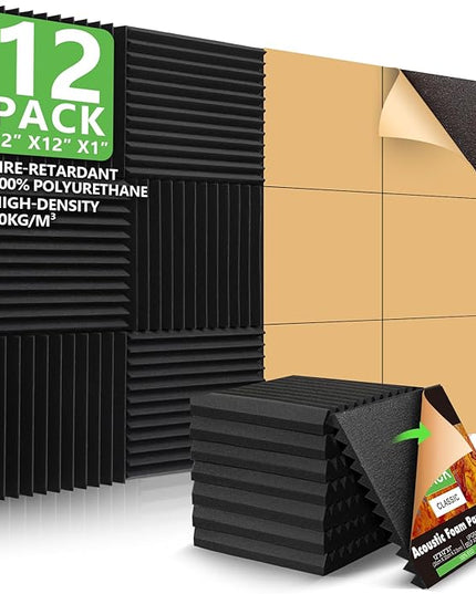 12 Pack Sound Proof Foam Panels Studio Acoustic Foam Panels,1" X 12" X 12"Soundproof Wall Panels with Self-Adhesive,Fire-Proofed Soundproofing Wedges,Acoustic Treatment Foam for Home-Black