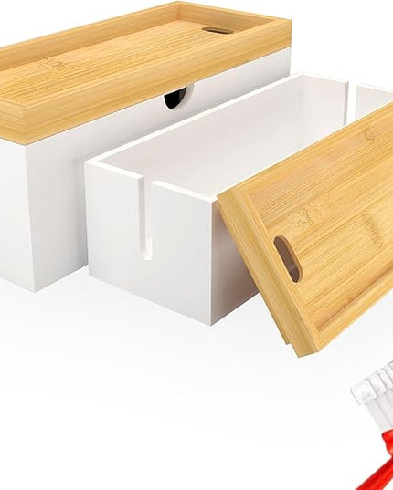 Bamboo Cable Management Box, Large Cord Organizer Box Cable Box to Hide Wires & Power Strips for Desktop Storage Cord Holder for Office Home,No Assembley Required