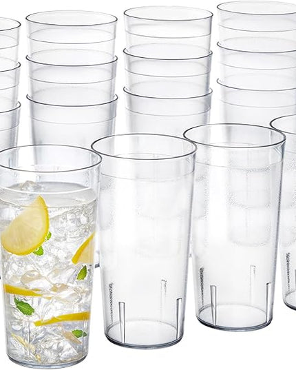 US Acrylic Cafe Plastic Reusable Tumblers (Set of 16) 20-ounce Water Cups in Clear | Value Set of Restaurant Style Drinking Glasses, Stackable, BPA-free, Made in the USA | Top-rack Dishwasher Safe
