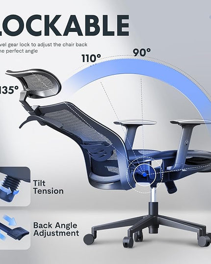 FLEXISPOT OC3 Air Ergonomic Office Chair Mesh Back Swivel Computer Chair Executive Office Desk Chairs with Adjustable Lumbar Support/2D Headrest/Lockable Backrest, Mesh Seat Cushion, Black