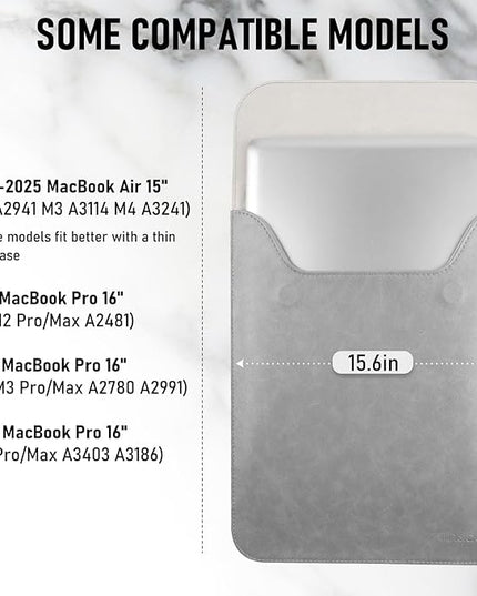 Allinside 15-16 inch Laptop Sleeve Case Compatible with MacBook Air 15 2023-2025/MacBook Pro 16 2021-2024, Waterproof PU Leather Laptop Sleeve Bag Protective Vertical Case Cover, Gray