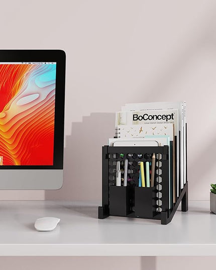 File Organizer for Desk with Storage Box & Hook, Inclined Desk File Organizer with 5-Section Vertical File Holder suitable for Home Office Document Organization（Black）