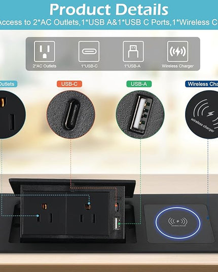 Pop Up Outlet with 15W Wireless Charger, Power Strip with 2 AC Outlets, USB A and USB C Charging Ports Recessed Multimedia Strip Socket Hidden Table Connection Box with Outlet (Black-F-Wireless)