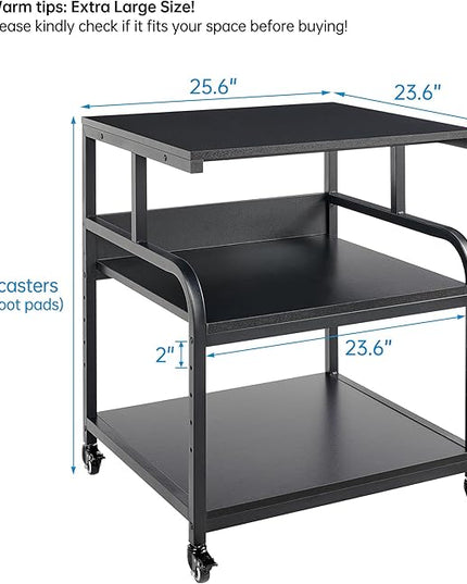 25.6" x 23.6" Extra Large Printer Stand Table with Adjustable Storage Shelf, 3 Tier Rolling Printer Cart with Industrial Wheels for Home Office, Black