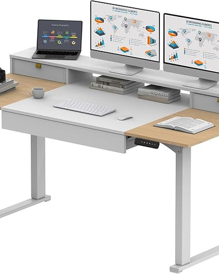 SANODESK Electric Standing Desk with Drawers, 63 x 32 inch Height Adjustable Computer Desk, Home Office Stand Up Desk with 3 Preset Heights, White