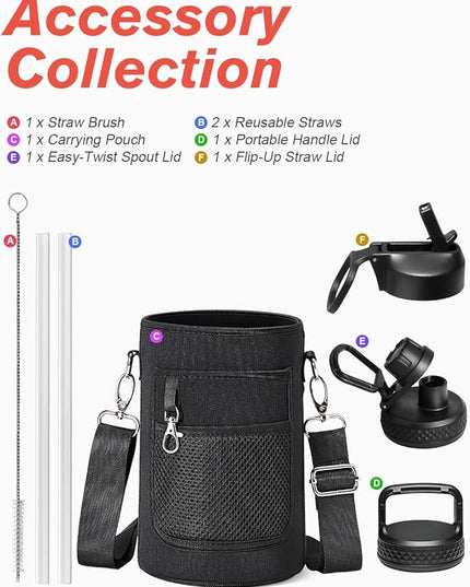 Coolflask Half Gallon Water Bottle Insulated with Straw & 3 Lids, 64 oz Water Jug Large Metal Stainless Steel Wide Mouth for Sports, Gym or Office, Non-BPA Keep Cold 48H Hot 24H, White