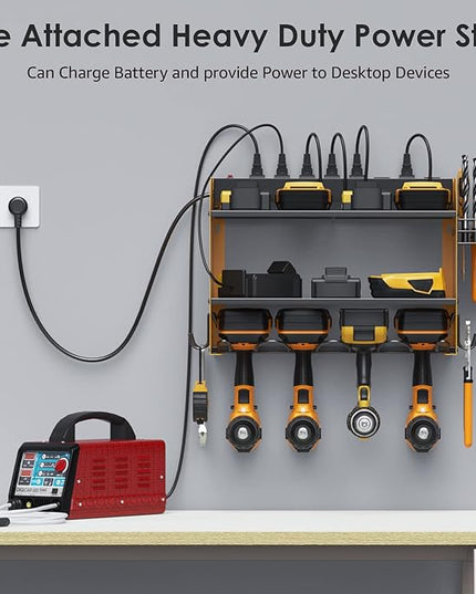 CCCEI Modular Power Tool Organizer Wall Mount with Charging Station. Garage Drill Storage Shelf with Hooks, Heavy Duty Rack, Tool Battery Holder Built in 8 Outlet. Gift for Men. Yellow, 1 Pack.