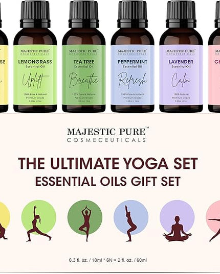 Majestic Pure, Yoga Essential Oil Gift Set | 100% Pure & Natural Set for Yoga, Meditation and Self-Care Rituals | Frankincense, Tea Tree, Lavender, Peppermint, Lemongrass, Chamomile - Pack of 6