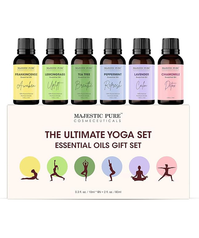 Majestic Pure, Yoga Essential Oil Gift Set | 100% Pure & Natural Set for Yoga, Meditation and Self-Care Rituals | Frankincense, Tea Tree, Lavender, Peppermint, Lemongrass, Chamomile - Pack of 6