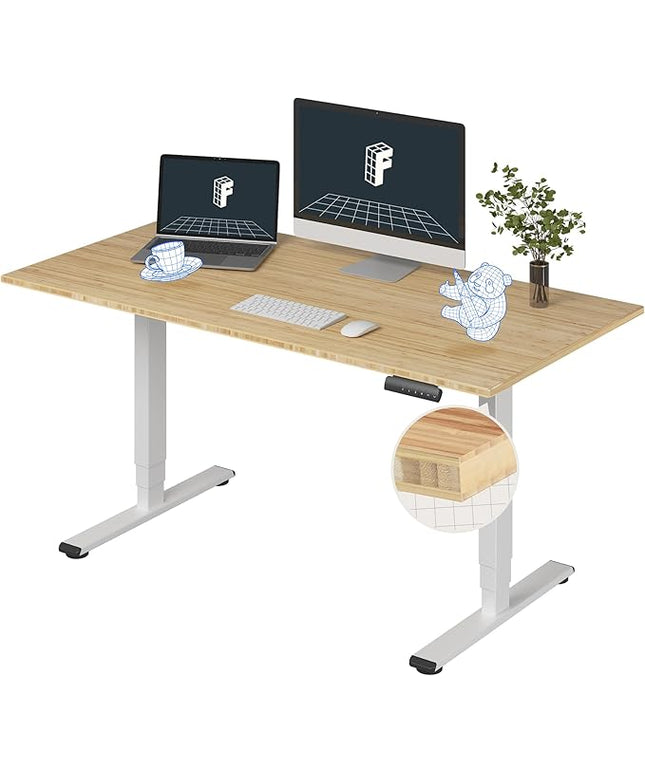 FlexiSpot E6 Bamboo 3-Stage Dual Motor 60 x 30 Electric Standing Desk Sit Stand Up Desk, Holds 220 lbs, Adjustable Height w/ Memory Presets, Solid Bamboo Desktop & White Frame, Ships in 2 Boxes