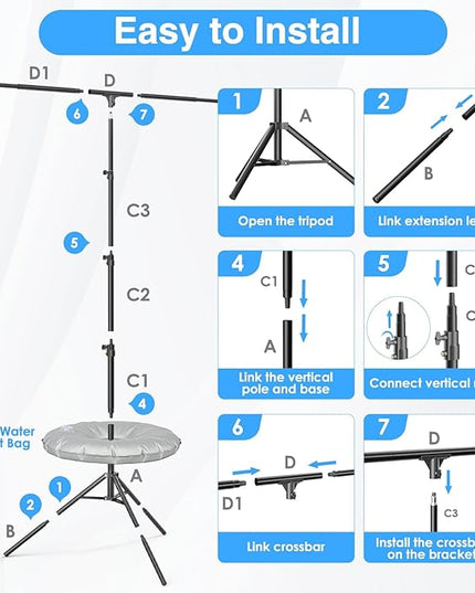 EMART T Shape Backdrop Stand 8.5x5ft, Adjustable Green Screen Photo Banner Holder with Water Bag and 4 Clamps Photography Background Support Kit for Parties, Photoshoot, Balloon
