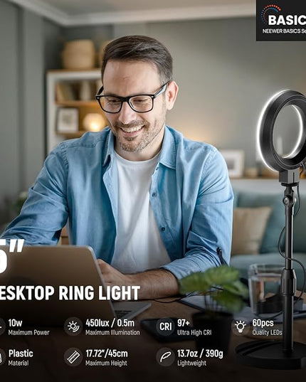 NEEWER Basics 5"/13cm Desk Ring Light with Stand, Phone Holder Base, 10W LED Selfie Light Compatible with iPhone for Video Recording Laptop Webcam Zoom Video Conference Lighting Makeup, Black BR60