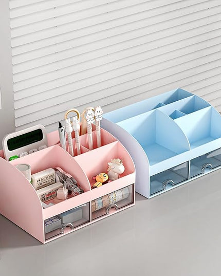 COMFYROOM Desk Organizer with 6 Compartments and 2 Drawers, Plastic Makeup Organizer, Pen Holder for Desktop Storage, Desk Organization for School, Home, Office Supplies (Pink)