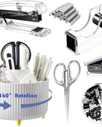 Desk Organizers and Accessories Set with 360-Degree Rotating Pen Holder, Acrylic Stapler, Tape Holder, Staple Remover, Binder/Paper Clips Kit, Scissor and 1 Box of Staples
