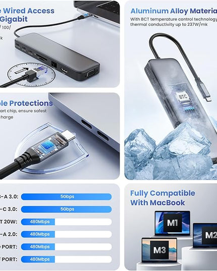 USB C Hub Laptop Docking Station Dual Monitor,14 in 1 Multiport Adapter with 4K HDMI,VGA,8 USB C/A Ports,100W PD Fast Charging,Audio&Mic,SD&TF,USBC Dongle for MacBook/Dell/HP/Lenovo ThinkPad/Surface