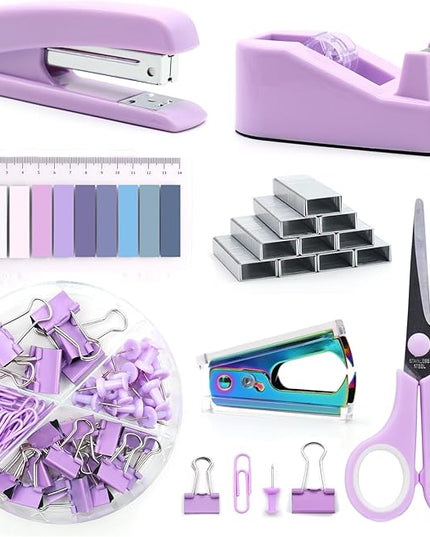 Purple Office Supplies Set, UPIHO Stapler and Tape Dispenser Set, Office Desk Accessories Kit with Stapler, Tape, Remover, Staples, Clips, Scissor and Tabs for Women, Clerks…