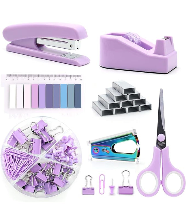 Purple Office Supplies Set, UPIHO Stapler and Tape Dispenser Set, Office Desk Accessories Kit with Stapler, Tape, Remover, Staples, Clips, Scissor and Tabs for Women, Clerks…