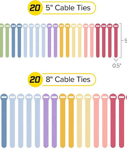 Self-Gripping Cable Ties by Wrap-It Storage, Macaron, 40 Pack (5 Inch and 8 Inch Straps) – Reusable Hook and Loop Cord Wraps for Home Office Desk Organization