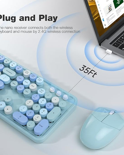 MOFII Wireless Keyboard and Mouse Combo, Retro Keyboard with Round Keycaps, 2.4GHz Dropout-Free Connection, Cute Wireless Mouse for PC/Laptop/Mac/Windows XP/7/8/10 (Blue-Colorful)