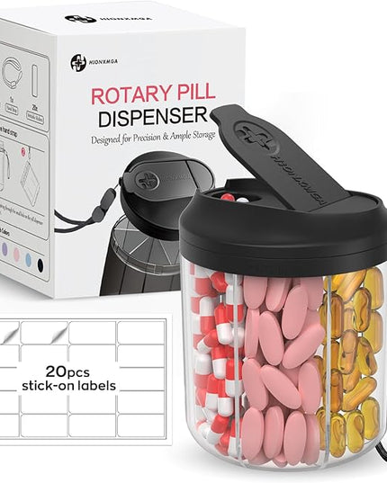 Pill Bottle Organizer with 7 Large Compartments, Pill Dispenser for Travel, Supplement Organizer with Anti-Mixing Design, BPA-Free Pill Container with 20 Pcs Labels, Black
