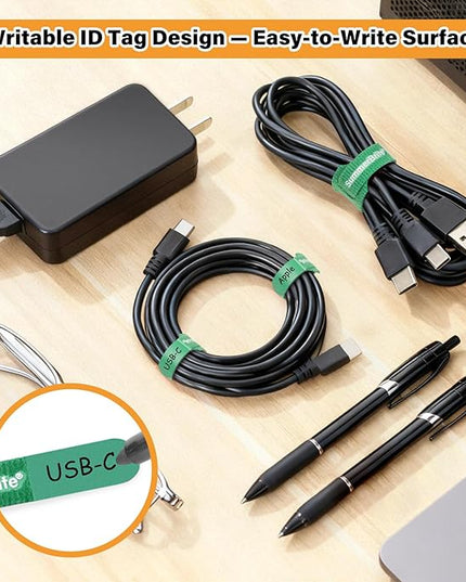 70 Pack Multi-Color Cable Ties 8 Inch with Writable Labels, Reusable Cord Organizer Straps, Hook & Loop Wire Management for TV, Audio, Ethernet, Electronics & Heavy Duty Cords