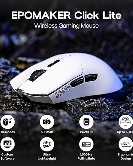 EPOMAKER Click Lite Wireless Gaming Mouse, 800 to 12,000 DPI Adjustable, PAW3311 Sensor, 500mAh, 59g, 2.4G/BT/USB-C Rechargeable Wireless Mouse with 5 Programmable Buttons for PC/Mac/Linux (White)