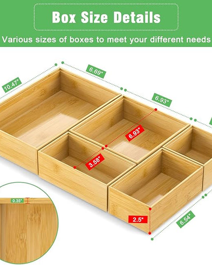 Bamboo Bathroom Drawer Organizer Dividers, Wooden Kitchen Utensil Holder Set of 5, Stackable Junk Drawer Organizer Tray, Multi-Use Storage Bins Boxs for Home, Office, Clothing, Makeup, Jewelry