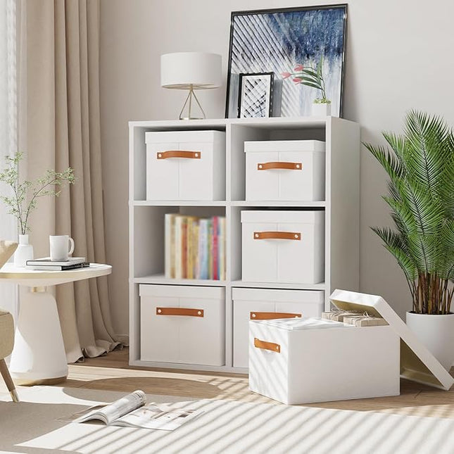 Storage Boxes with Lids, 15 x 9.8 x 8.3 Inch Storage Baskets for Shelves, Decorative Closet Organizers with Handles, White, 5-Pack