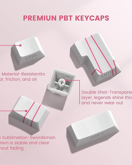 PBT Keycaps-Cherry Key Caps Side Print, Heart Design Dye Sublimation 130 Keys Set for Cherry Gateron MX Switches Keyboards, White