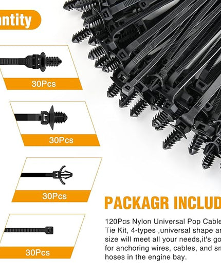 GOOACC Push Mount Cable Zip Ties Heavy Duty Nylon Push Mount 4 Popular Sizes Self Locking Cable Strap Assortment for Indoor Outdoor Wire Tying Construction Auto ect. -120 Pcs