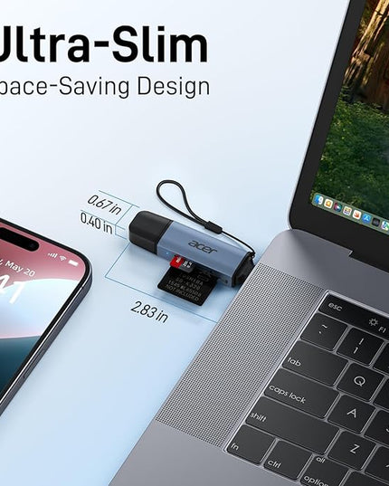 Acer SD Card Reader USB C, Dual Slots USB 3.0 Type C to Micro SD Card Adapter, Memory Card Reader for MicroSD, SDHC, SDXC, Compatible with Laptop, PC, iPhone16/15, MacBook, iPad Pro, Android-Midnight