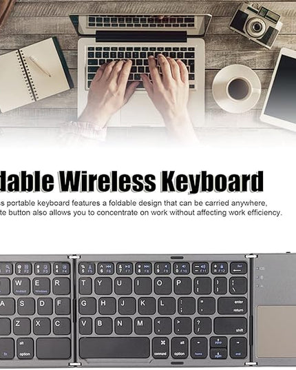 Wisoqu Foldable Keyboard with Touchpad, 3 Folding Wireless Keyboard 63 Keys 10m Connection USB Charging, for iOS for Laptop Tablet Smartphone (Dark Gray)