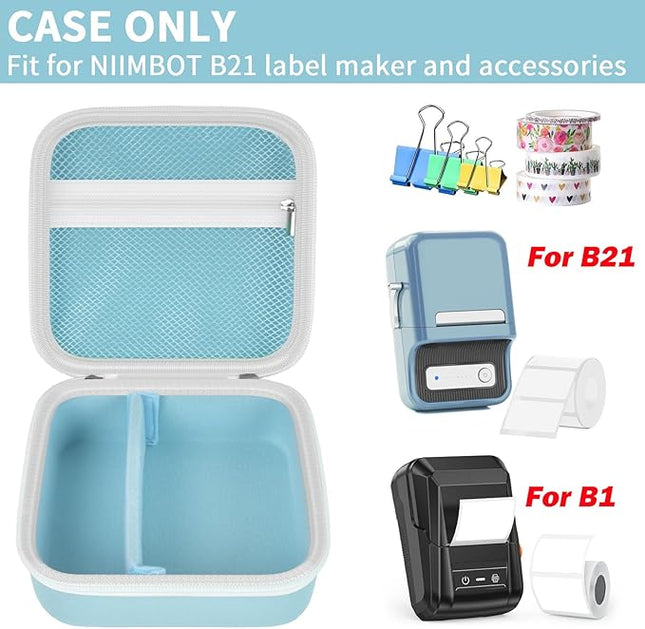 ALKOO Case Compatible with NIIMBOT B21 / B1 Label Maker Wireless Thermal Label Printer, Holder for Inkless Label Maker & Labeling Tapes Refills, with Mesh Pocket for Cable Accessories (Blue)