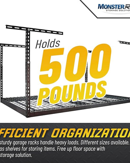 MonsterRax Overhead Garage Storage Racks 4x6, Ceiling Mounted Shelving, Adjustable Hanging Storage Organizer, Heavy Duty Steel, Holds 500 Pounds, Color: Hammertone, Adjusts 12"-21” off Ceiling