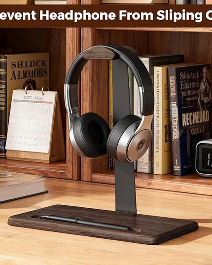 Walnut Headset Stand for Desk with Phone Holder | Headphone Stand Headphone Holder (Dark Walnut)