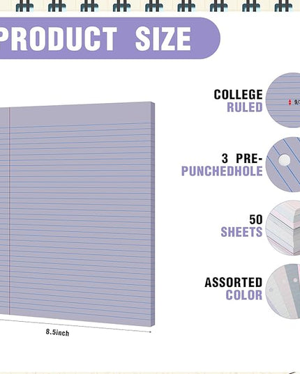 PerKoop 400 Sheets Colored Loose Leaf Paper 8.5" x 11" college ruled Lined 3 Hole Punched notebook Filler Paper for 3 Ring Binders Office School Supplies (Sweet Color)