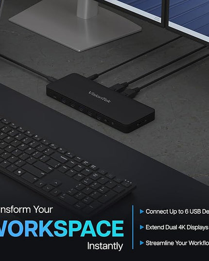 VisionTek VT4600DL Universal Dual 4K Docking Station 100W Charging (USB-A, USB-C)