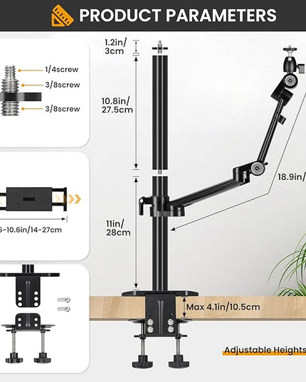 TARION Camera Arm Desk Mount: Heavy Duty DSLR Desktop Mount Camera Stand with Tablet Holder Double C Clamp 1/4 3/8 Screw Adapter Articulating Arm for Selfie Streaming Videography TitanRig Lite Z